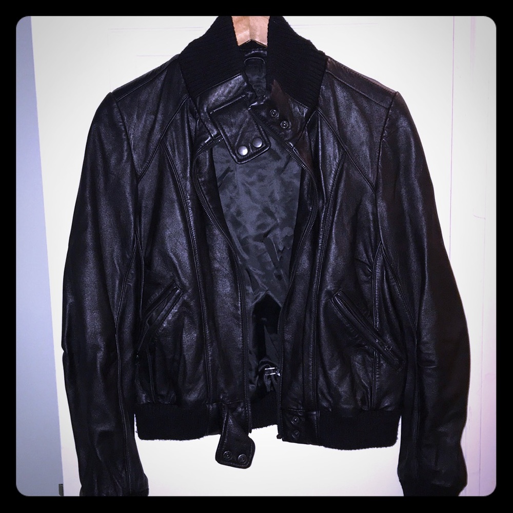 Women’s black leather bomber jacket